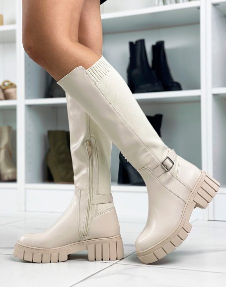 Bi-material beige boots with thong and thick sole