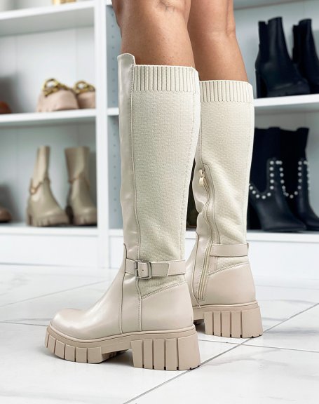 Bi-material beige boots with thong and thick sole