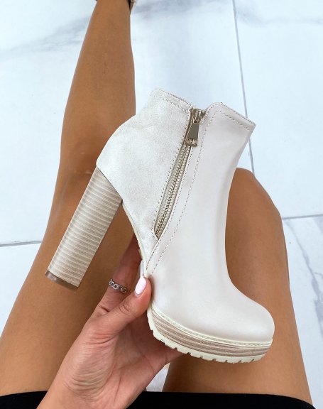 Bi-material beige heeled ankle boots