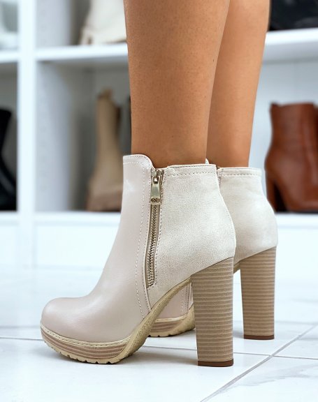 Bi-material beige heeled ankle boots