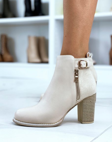 Bi-material beige heeled ankle boots with strap