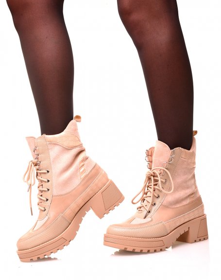 Bi-material beige high ankle boots