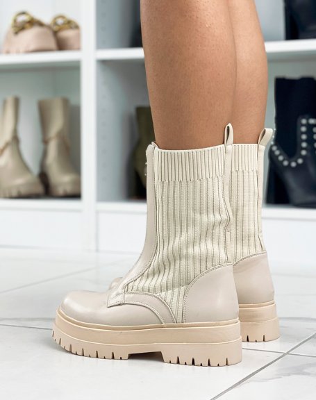 Bi-material beige high-top boots with silver zip