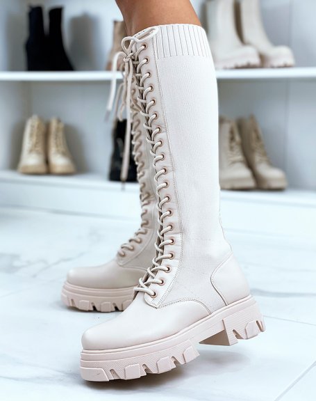 Bi-material beige lace-up boots with notched sole