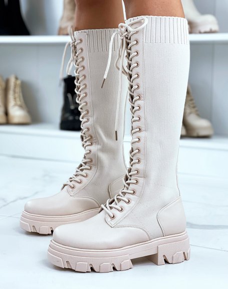 Bi-material beige lace-up boots with notched sole