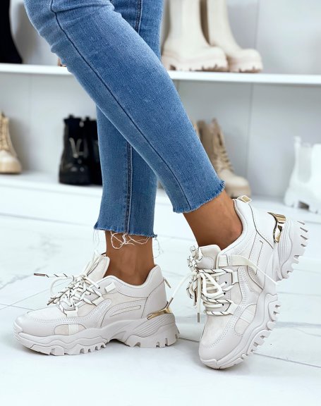 Bi-material beige sneakers with double laces and gold yoke