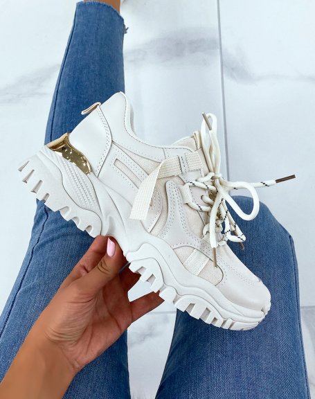Bi-material beige sneakers with double laces and gold yoke