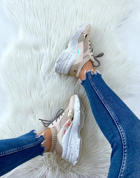 Bi-material beige sneakers with platform and holographic inserts