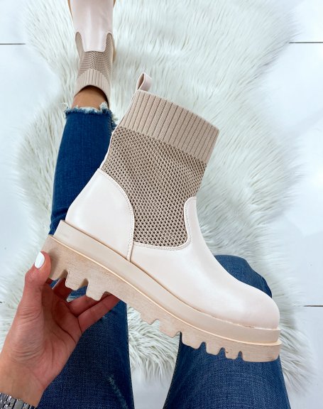 Bi-material beige sock boots