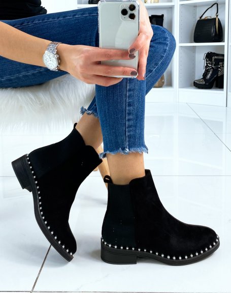 Bi-material black ankle boots with pearls