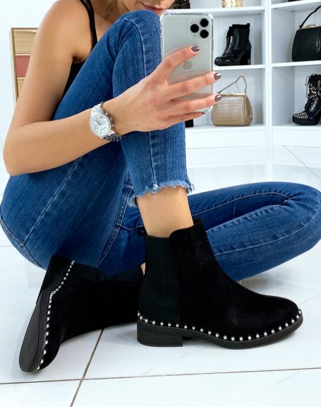Bi-material black ankle boots with pearls