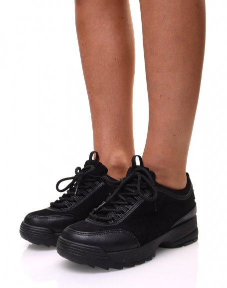 Bi-material black sneakers with thick sole