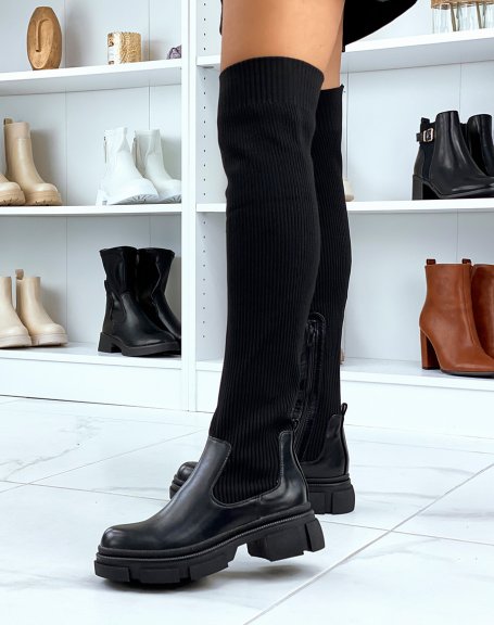 Bi-material black thigh-high boots