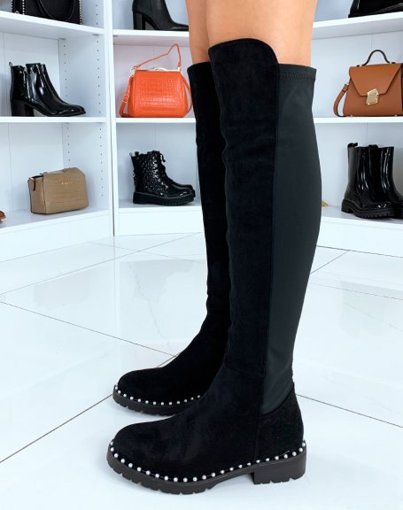 Bi-material black thigh-high boots with pearls