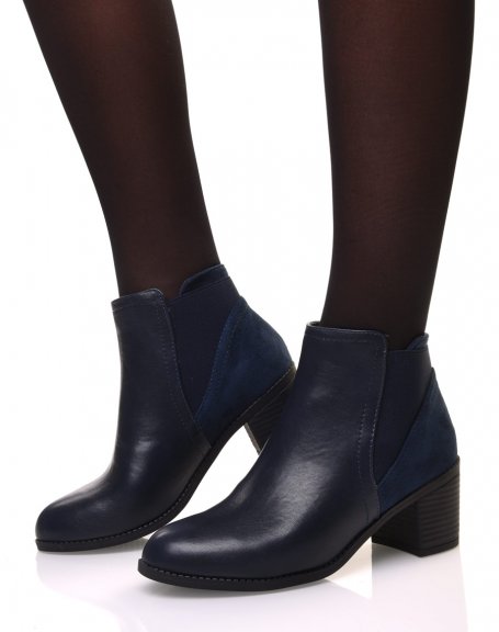 Bi-material blue ankle boots with heels