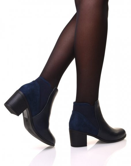 Bi-material blue ankle boots with heels