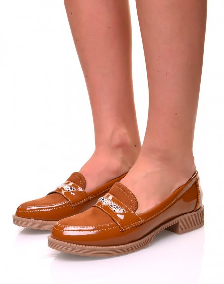 Bi-material brown loafers with python and mesh details