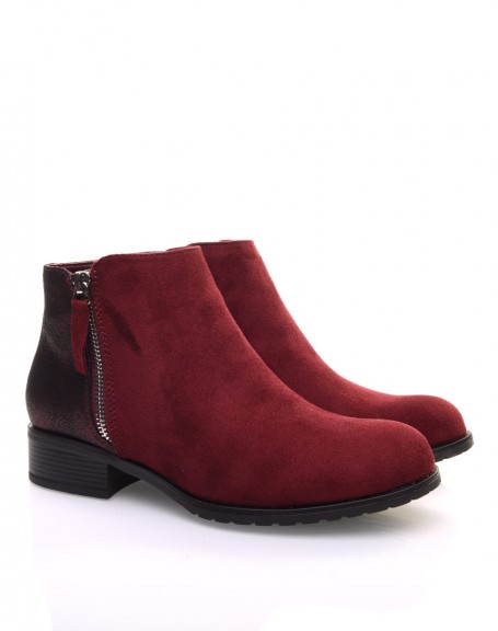 Bi-material burgundy ankle boots