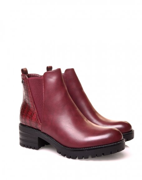 Bi-material burgundy ankle boots with crocodile effect and cutout elastic