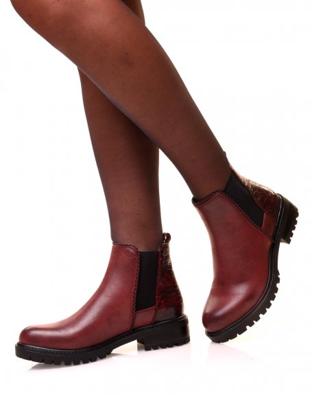 Bi-material burgundy ankle boots with elastic