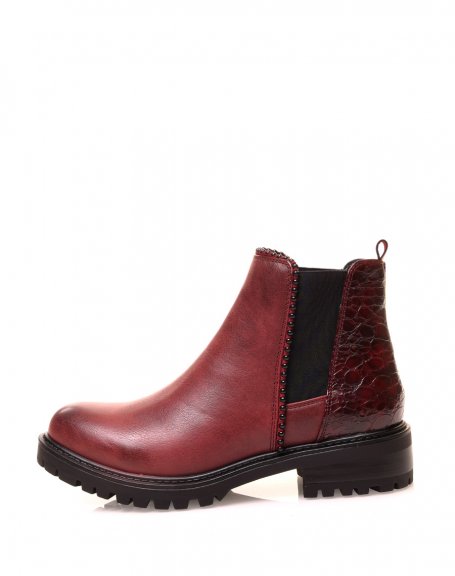 Bi-material burgundy ankle boots with elastic