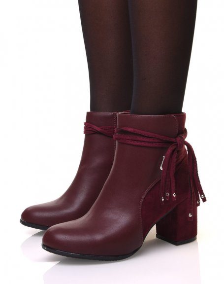 Bi-material burgundy ankle boots with heels and tie details