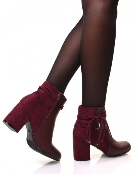 Bi-material burgundy ankle boots with heels and tie details