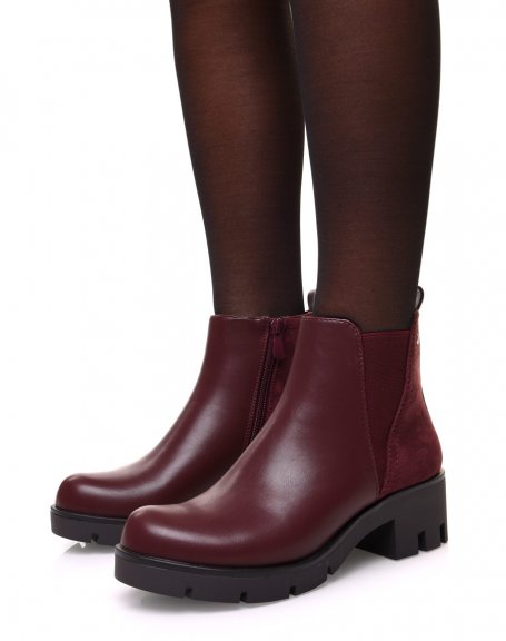 Bi-material burgundy ankle boots with high cut elastic