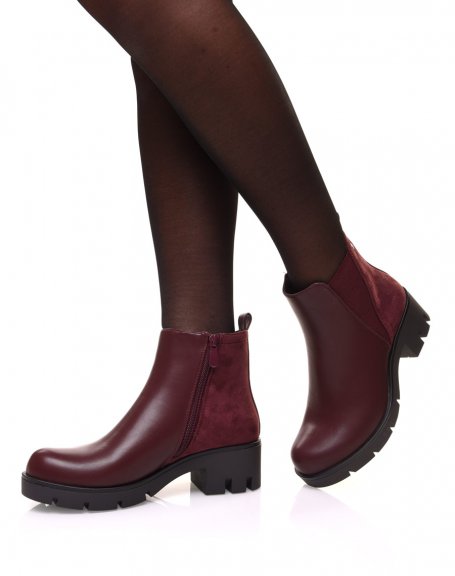 Bi-material burgundy ankle boots with high cut elastic
