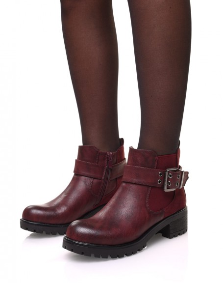 Bi-material burgundy ankle boots with notched sole