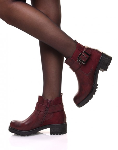 Bi-material burgundy ankle boots with notched sole