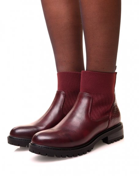 Bi-material burgundy ankle boots with sock effect
