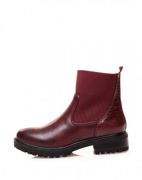 Bi-material burgundy ankle boots with sock effect