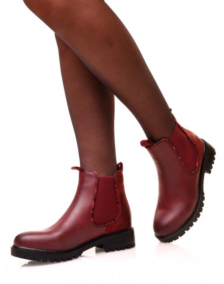 Bi-material burgundy chelsea boots with python-effect details