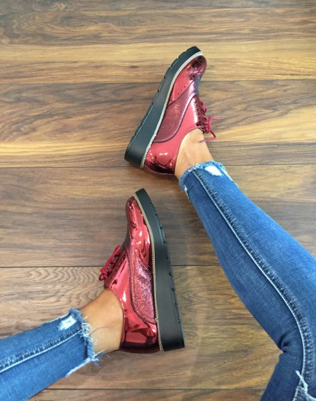 Bi-material burgundy derby shoes