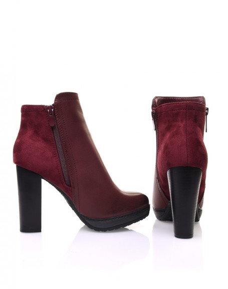 Bi-material burgundy heeled ankle boots