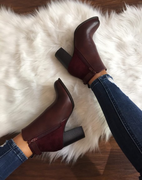 Bi-material burgundy heeled ankle boots with strap