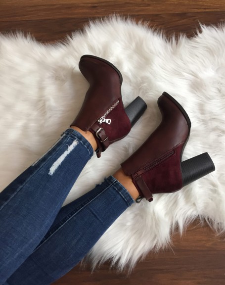 Bi-material burgundy heeled ankle boots with strap