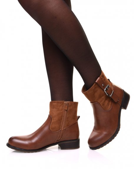 Bi-material camel ankle boot with decorative strap on the side