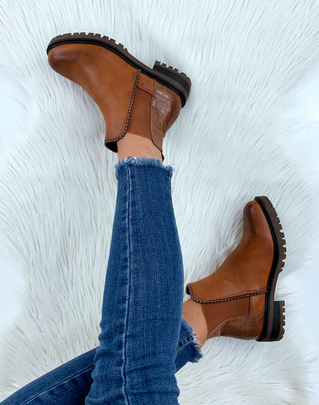 Bi-material camel ankle boots with elastic