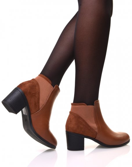 Bi-material camel ankle boots with heels