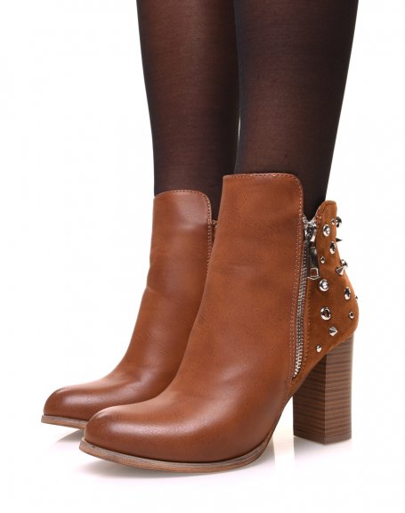 Bi-material camel ankle boots with heels and studded details