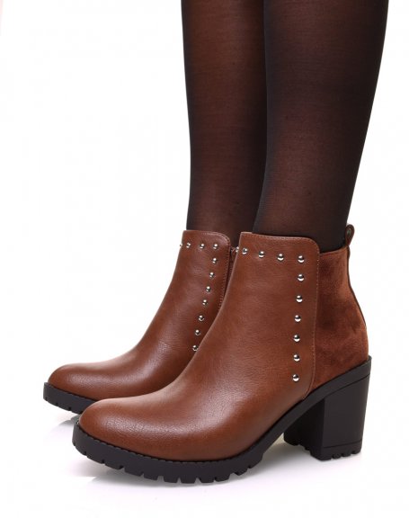 Bi-material camel ankle boots with studded details