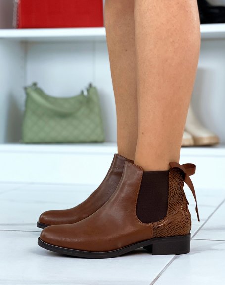 Bi-material camel chelsea boots with bow