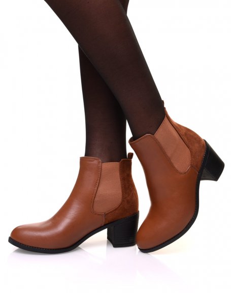 Bi-material camel Chelsea boots with mid-high heel