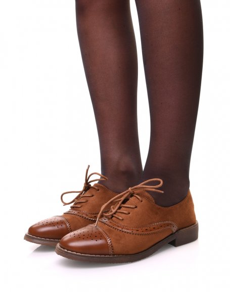 Bi-material camel derby shoes with stitching details