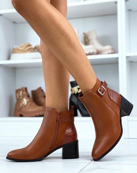 Bi-material camel heel ankle boots with golden strap