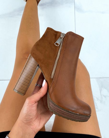 Bi-material camel heeled ankle boots