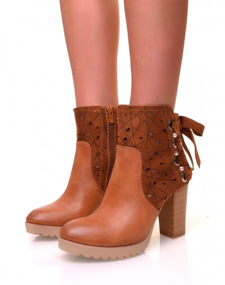 Bi-material camel heeled ankle boots with knots and pearls