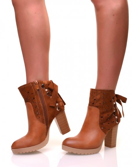 Bi-material camel heeled ankle boots with knots and pearls